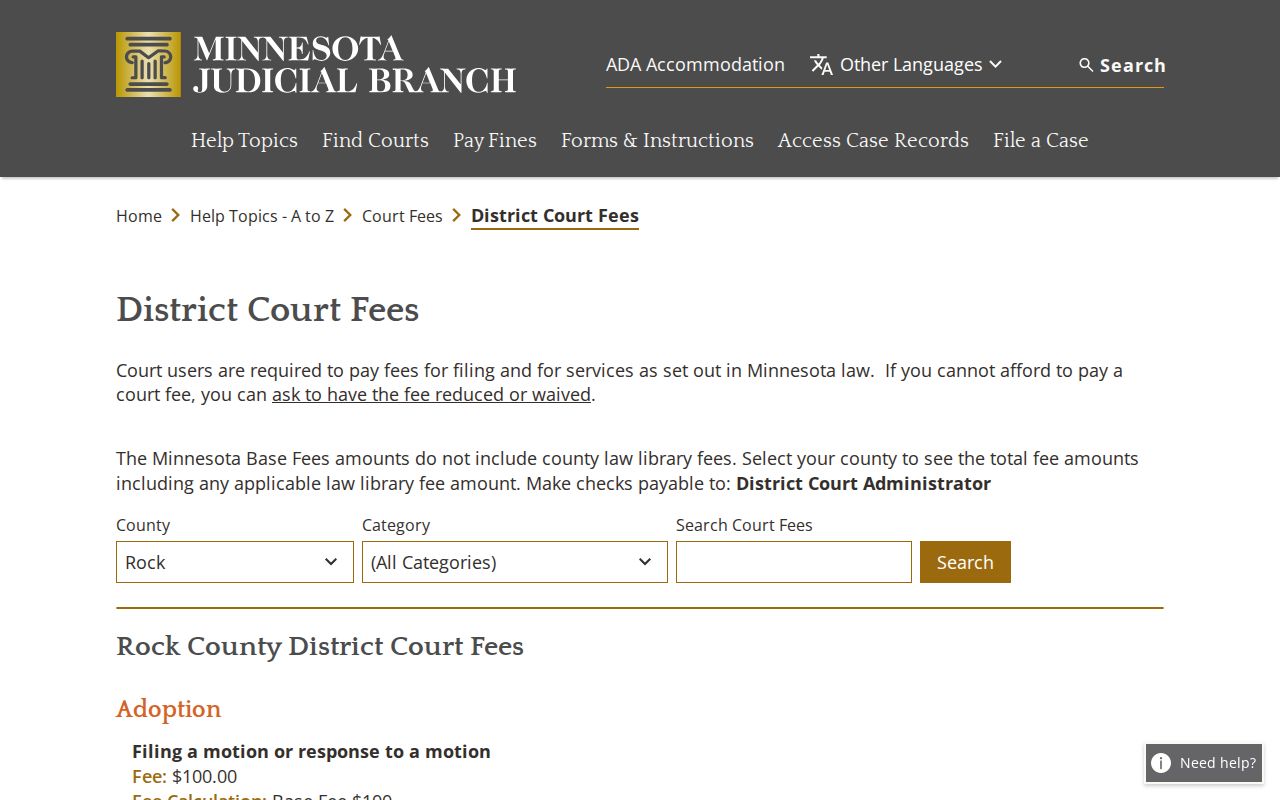 Magnolia court record Rock County District Court fee schedule