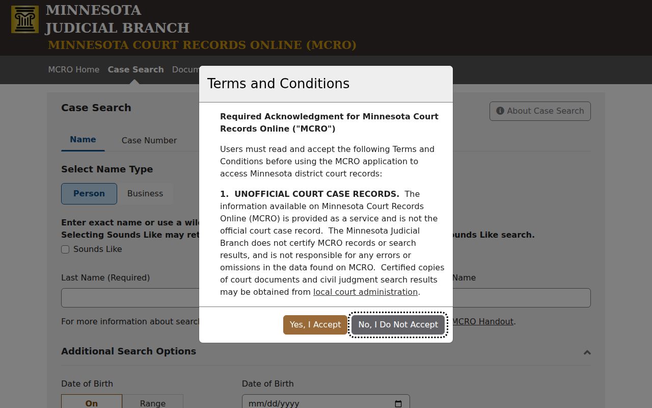 Rock County case lookup on Minnesota Court Records Online Case Search