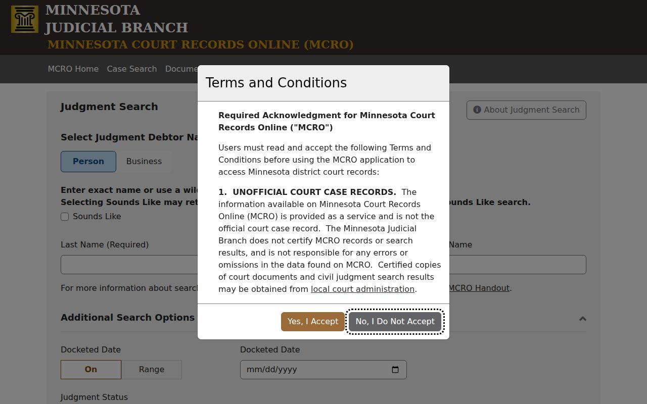 Rock County case lookup using MCRO Judgment Search