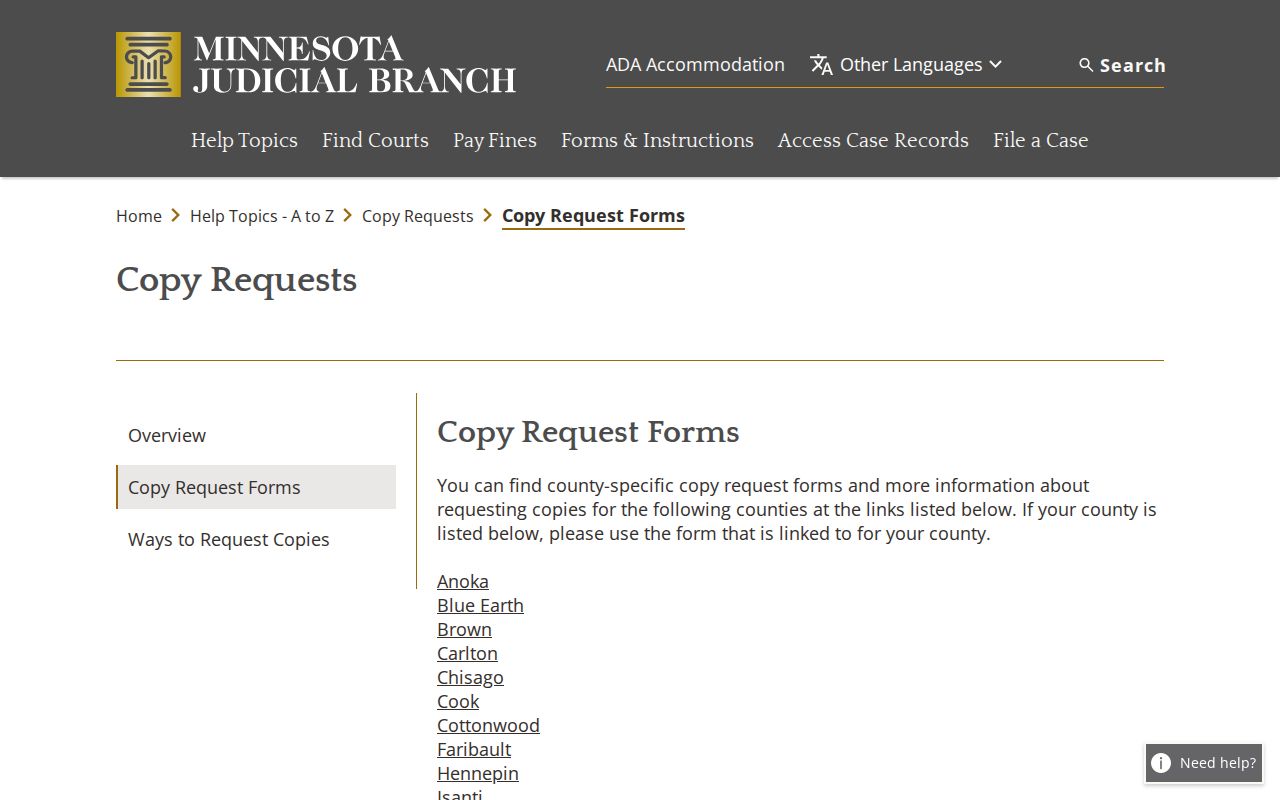Rock County court record copy-request forms index