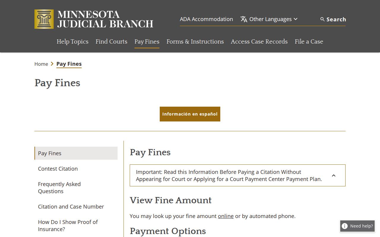 Rock County traffic ticket Minnesota Court Payment Center information